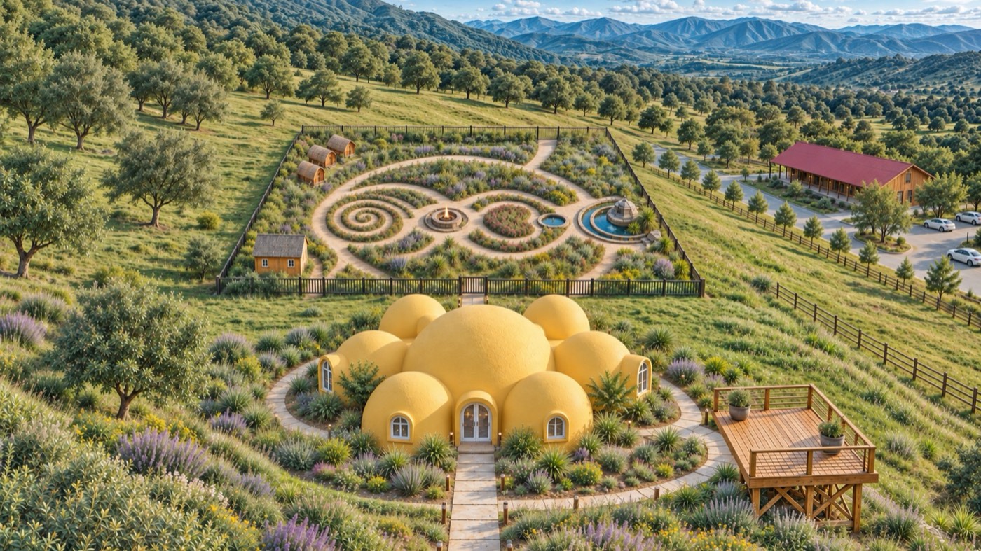An aerial view of The Hive: the dome suites, the bee botanical garden and the Blue Ridge Mountains beyond