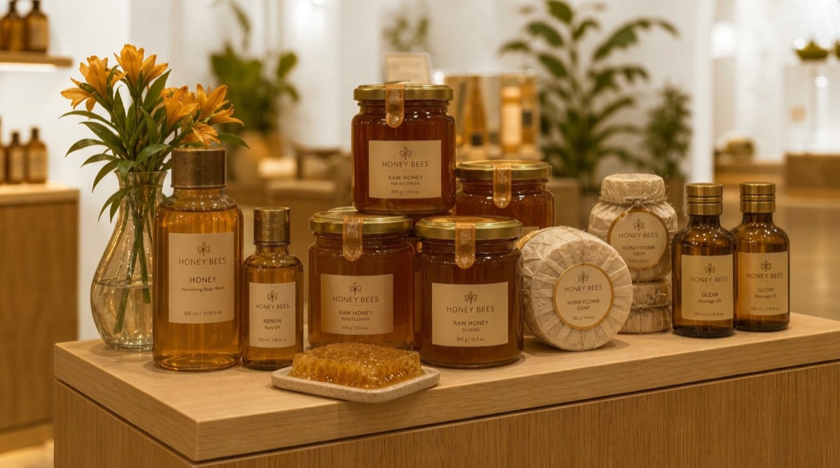 Honey, propolis and pollen from the hive, jarred and labelled