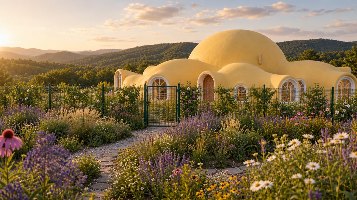 The bee botanical garden at sunset, the dome rooms beyond