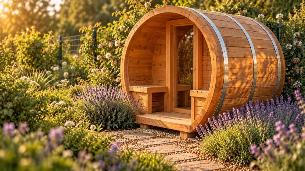 The barrel-shaped restorative cabin among the lavender
