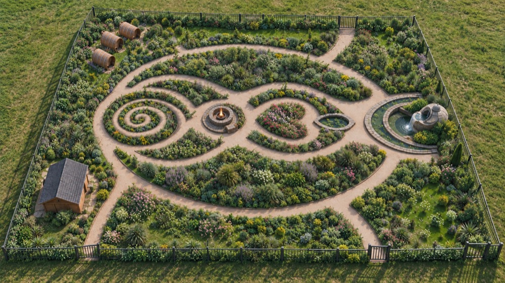 The bee botanical garden from above, planted in the Eupepsia spiral