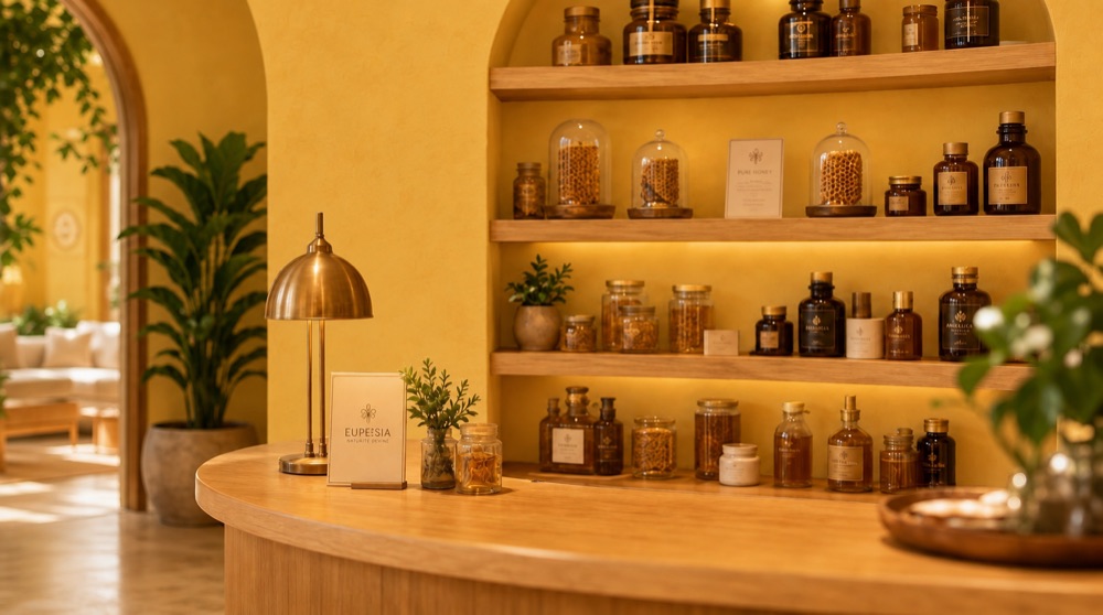 Shelves of hive products and tinctures