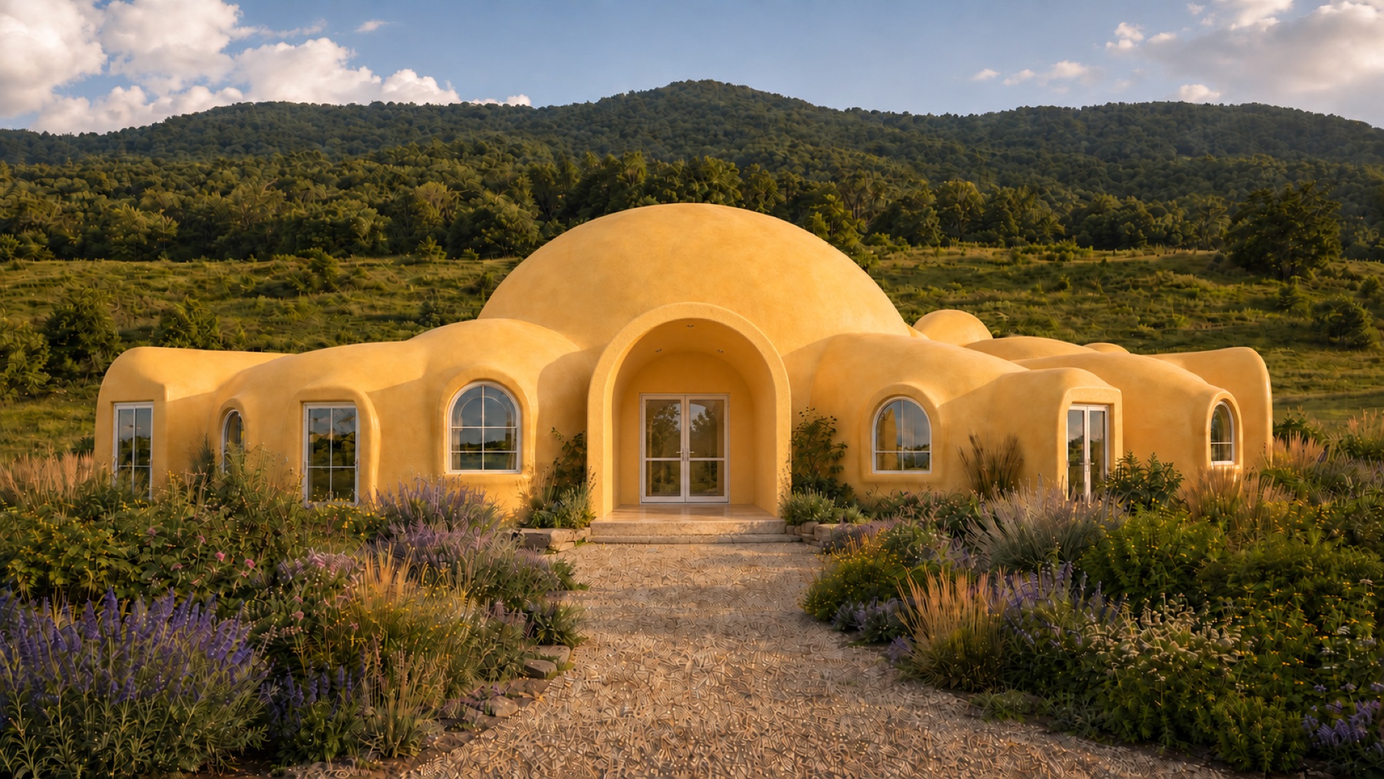 The dome rooms of The Hive at golden hour, lavender and wildflowers along the path