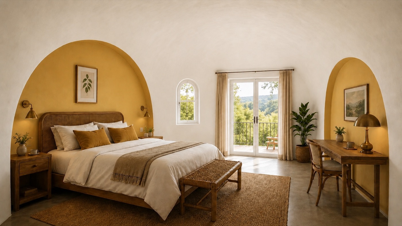 A dome guest room with an arched window and warm light