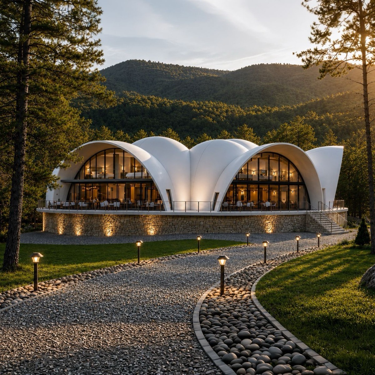 The Golf Sanctuary clubhouse at dusk, its arched roof lit from within