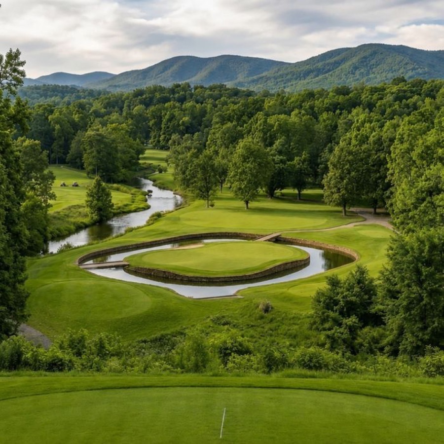 The island green and creek, with the Blue Ridge beyond