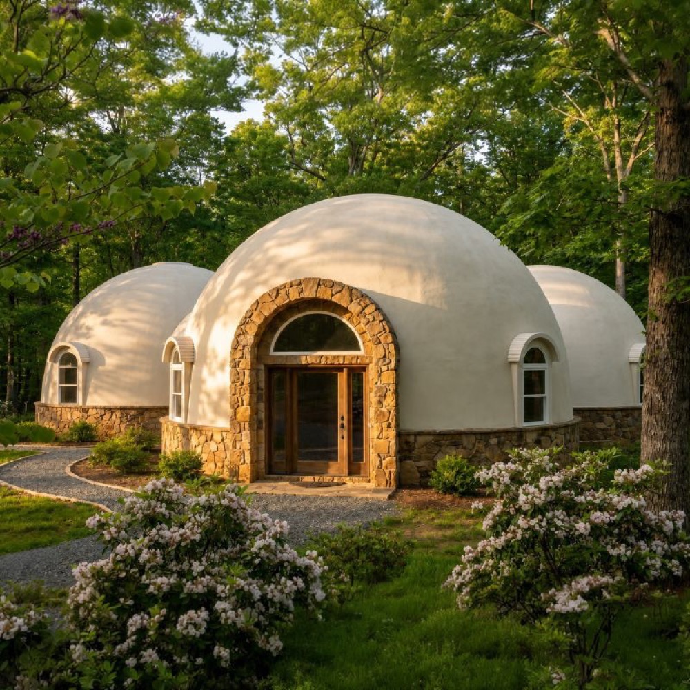 Dome villas among the trees, stone arches around their doors