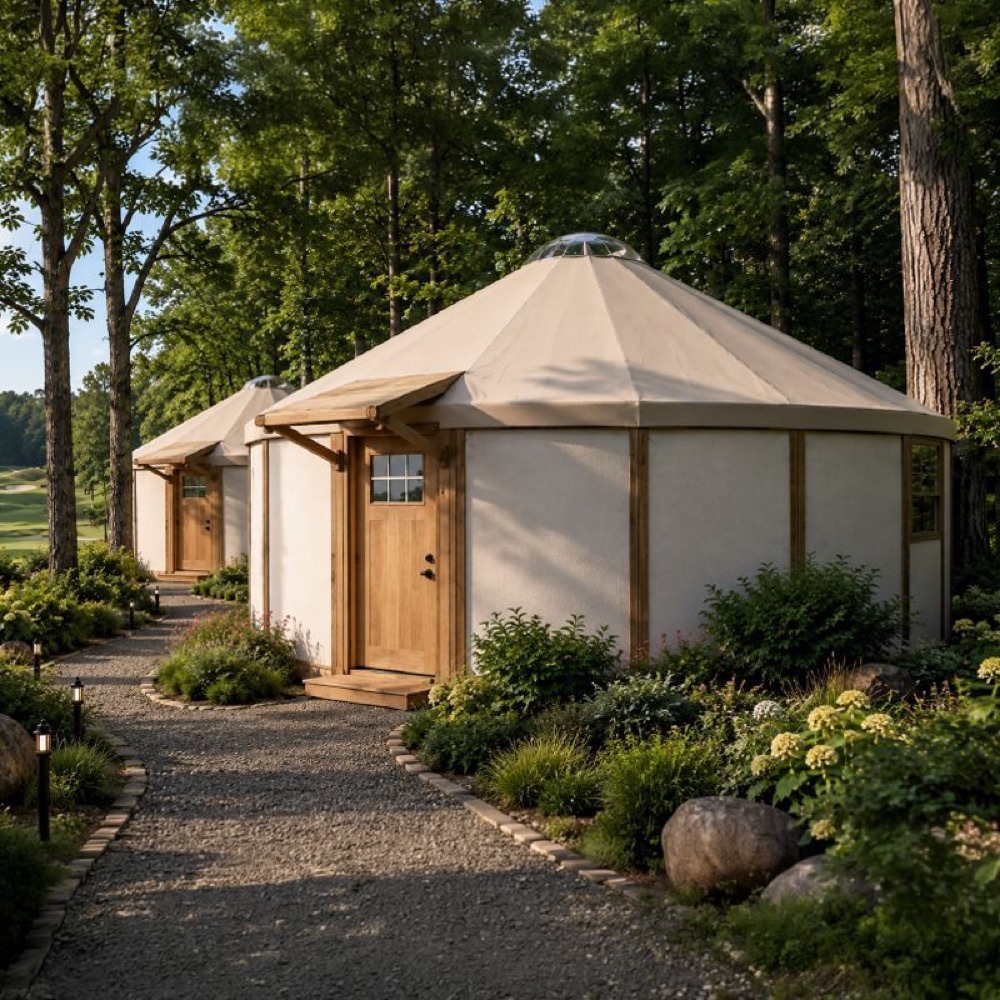 Canvas yurts set among the trees at the edge of the course