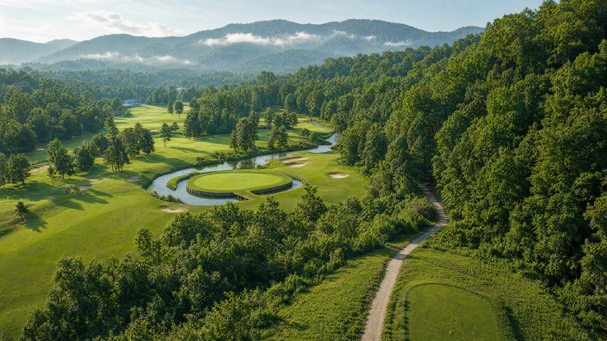 An aerial view of the Golf Sanctuary course, an island green beside the creek, with the Blue Ridge Mountains beyond