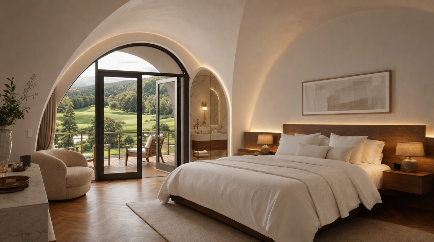 A clubhouse room with an arched ceiling and a balcony over the course