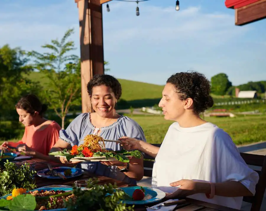 Guests sharing a farm-to-table meal on the terrace